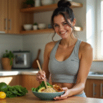 Jeune femme sportive préparant un bol de quinoa et avocat