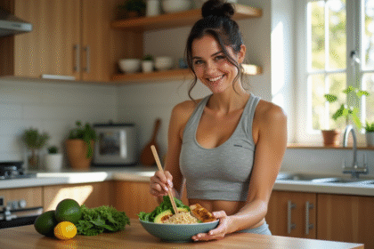 Jeune femme sportive préparant un bol de quinoa et avocat