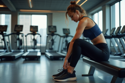 Femme sportive en salle de gym en train de lacer ses chaussures