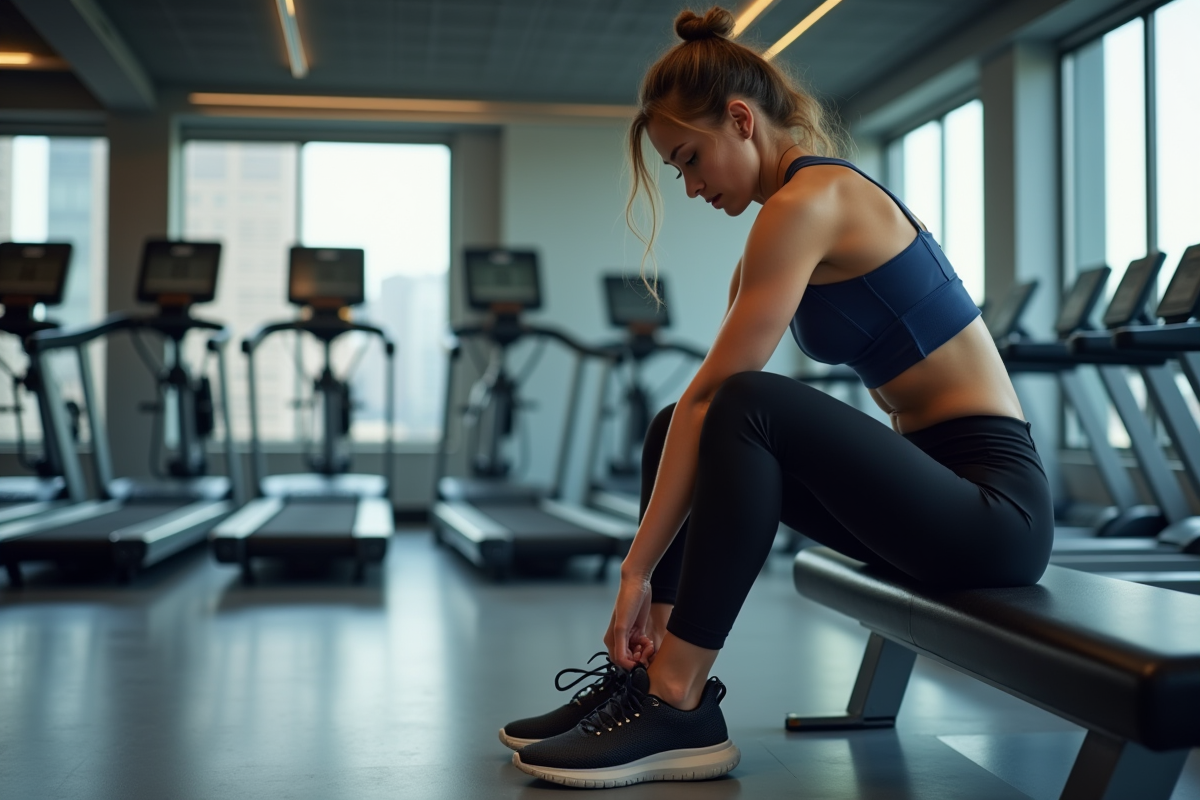 Femme sportive en salle de gym en train de lacer ses chaussures