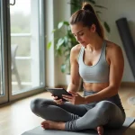 Femme sportive consultant un site de planification bien-être sur tablette dans un intérieur moderne et épuré