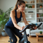 Femme sportive en entraînement à domicile dans un salon lumineux