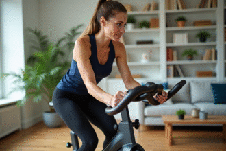 Femme sportive en entraînement à domicile dans un salon lumineux