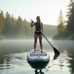 Femme debout sur un stand up paddle gonflable pagayant sur un lac calme entouré de forêt