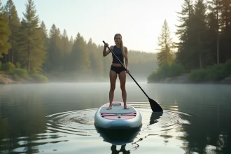 Femme debout sur un stand up paddle gonflable pagayant sur un lac calme entouré de forêt