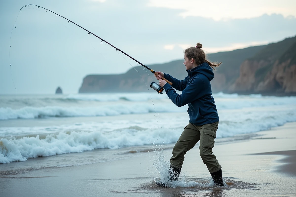 Femme pêchant au surfcasting en hiver, lancer de barre depuis le bord de mer avec vagues et ciel couvert