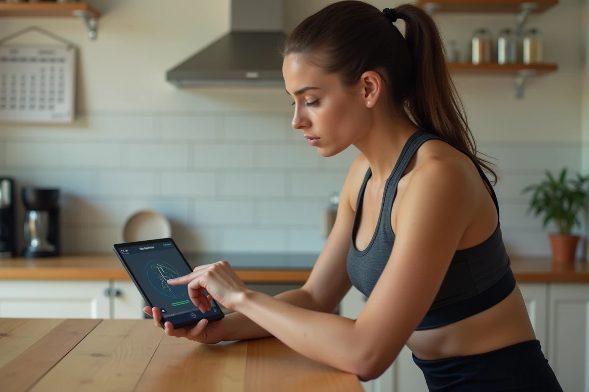 Femme sportive regardant un graphique de course sur une tablette