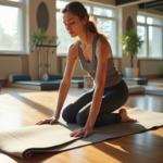 Femme en leggings et tank top examine deux tapis de yoga dans un studio lumineux