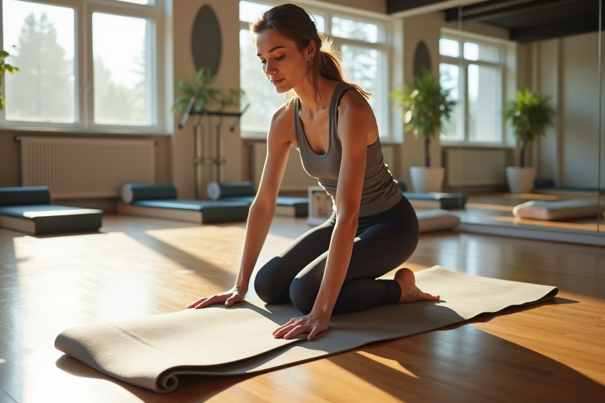Femme en leggings et tank top examine deux tapis de yoga dans un studio lumineux