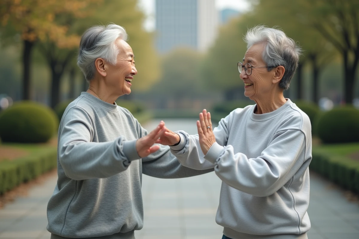 Femmes chinoises âgées pratiquant le tai chi dans un parc calme