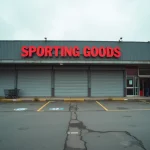 Façade d'un magasin Intersport fermé définitivement dans un quartier de Strasbourg, rideaux métalliques baissés et parking vide symbolisant la fermeture commerciale