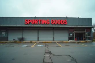 Façade d'un magasin Intersport fermé définitivement dans un quartier de Strasbourg, rideaux métalliques baissés et parking vide symbolisant la fermeture commerciale