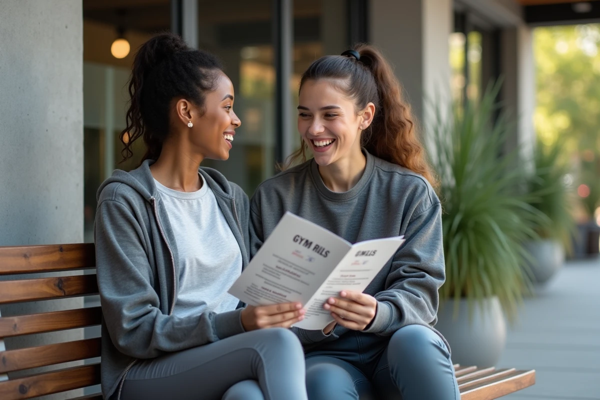 Mère et fille souriantes assises dehors près d une salle de sport