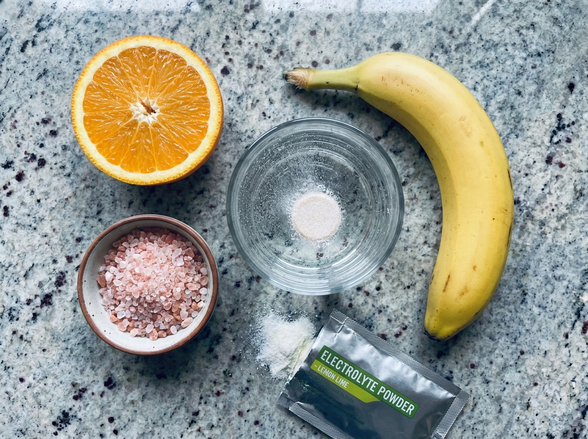 Flatlay d'aliments et compléments riches en électrolytes — orange, banane, sel, comprimé effervescent — pour illustrer la nutrition sportive avant une compétition d'endurance