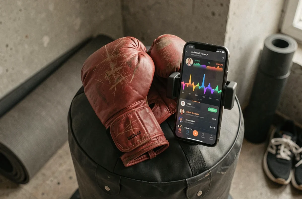 Gants de boxe rouges posés sur une machine de boxe musicale connectée affichant une application de fitness rythmique sur smartphone