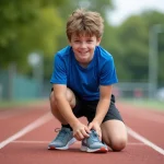 Garçon athlétique de 11 ans nouant ses baskets sur piste