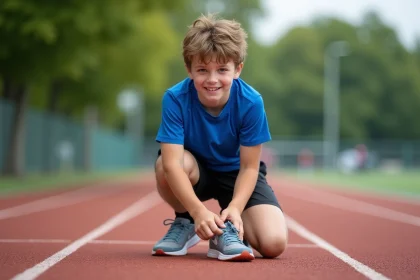 Garçon athlétique de 11 ans nouant ses baskets sur piste