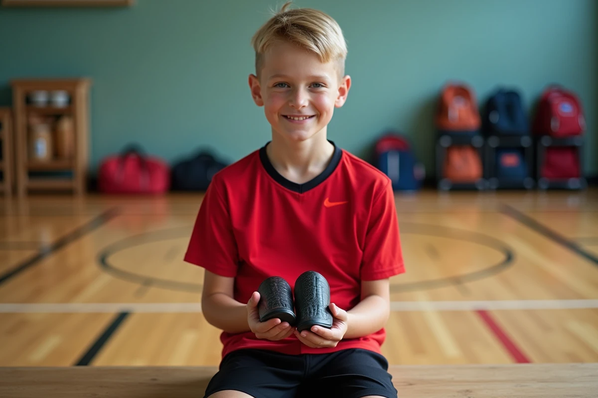 Garçon de 11 ans tenant des protège-shins dans un gymnase