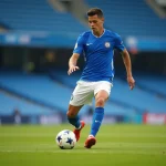 Joueur de football réalisant un geste technique de dribble sur un terrain professionnel, vue en contre-plongée mettant en valeur le contact pied-ballon