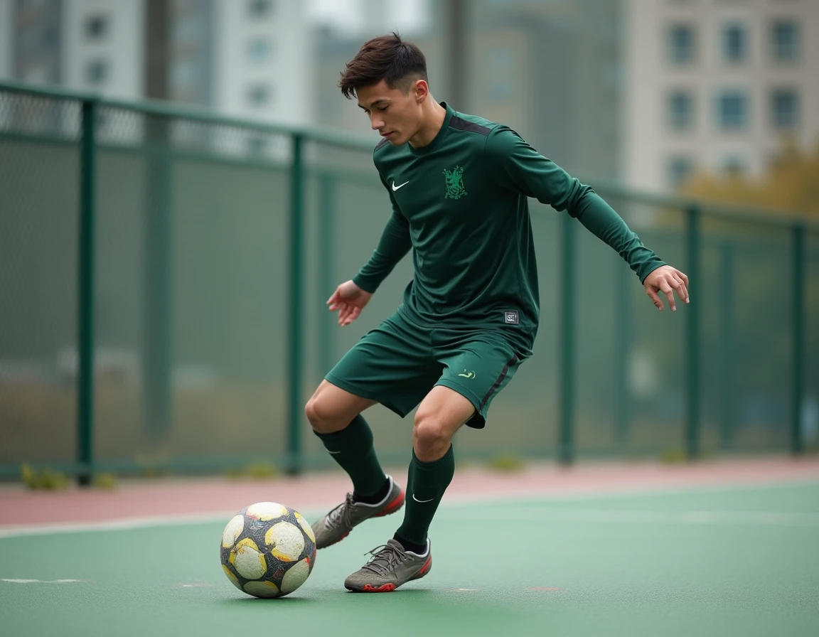 Footballeur effectuant un geste technique de dribble sur un terrain de futsal urbain en béton, portrait en pied avec focus sur le ballon et les appuis