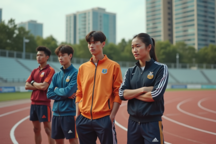 Jeunes athlètes divers dans un stade urbain nostalgique