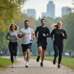 Groupe de jeunes adultes courant dans un parc en ville