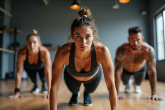 Groupe d adultes en entraînement synchronisé en salle