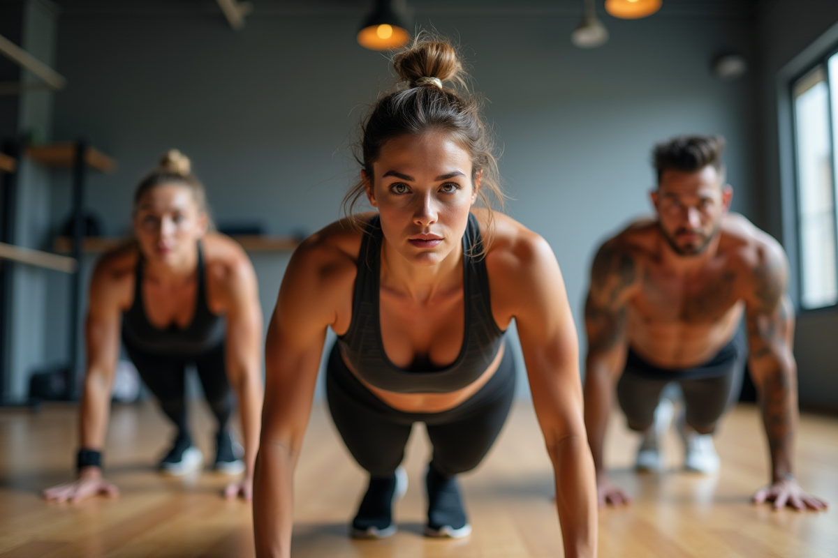 Groupe d adultes en entraînement synchronisé en salle