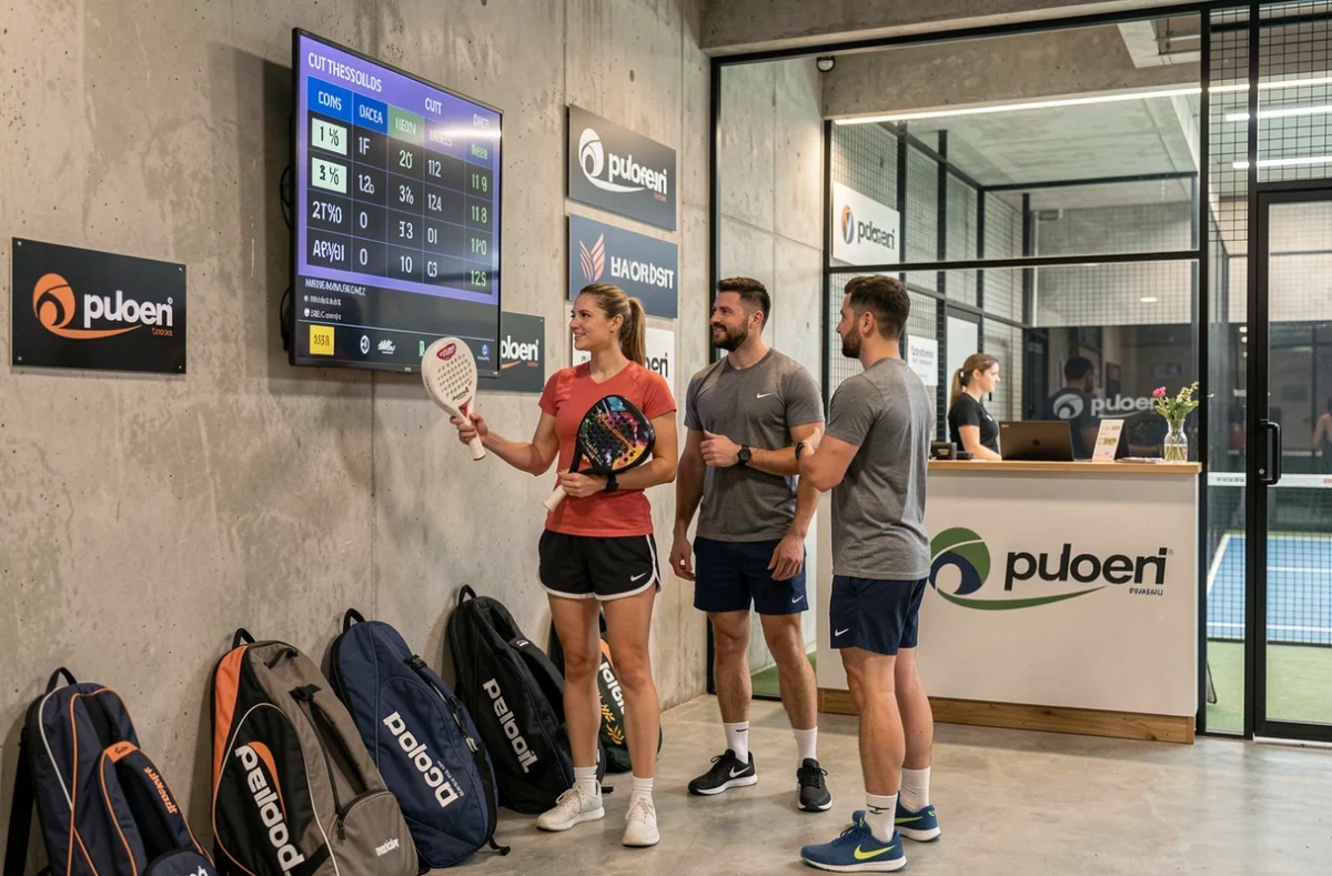 Groupe de joueurs de padel consultant le tableau des scores et les seuils de qualification pour le tableau principal d'un tournoi Point P500