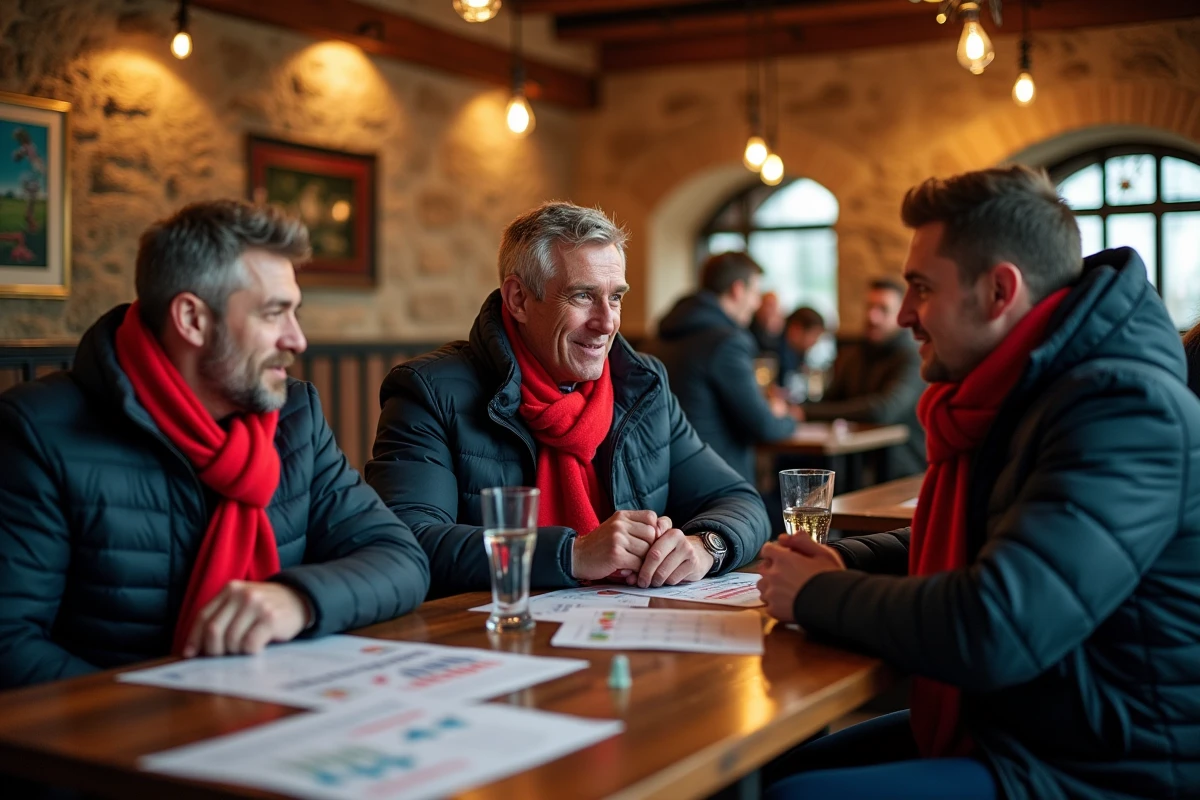 Groupe de supporters de l'ASM Clermont analysant des statistiques de match dans un bar
