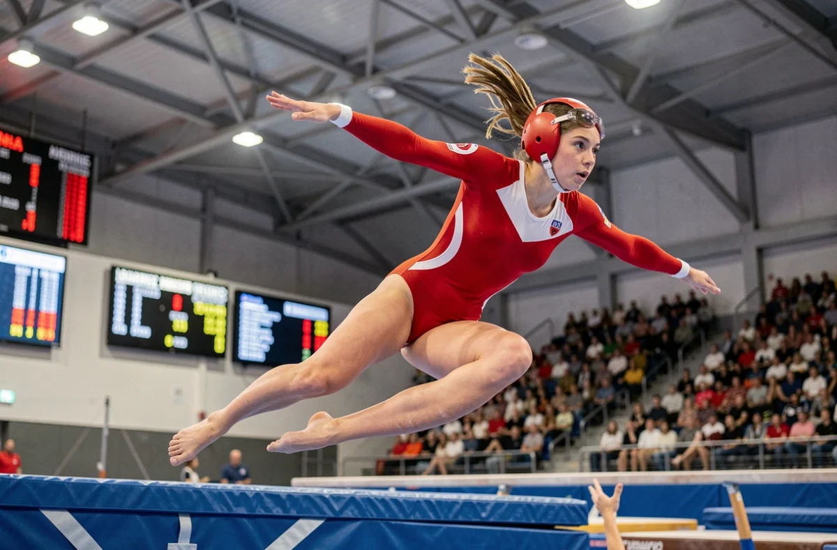 Gymnaste féminine en compétition de disciplines artistiques rares, sport en D, en plein saut