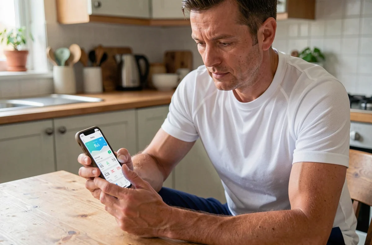 Homme consultant une application de comptage de pas sur son smartphone pour calculer la distance parcourue en kilomètres