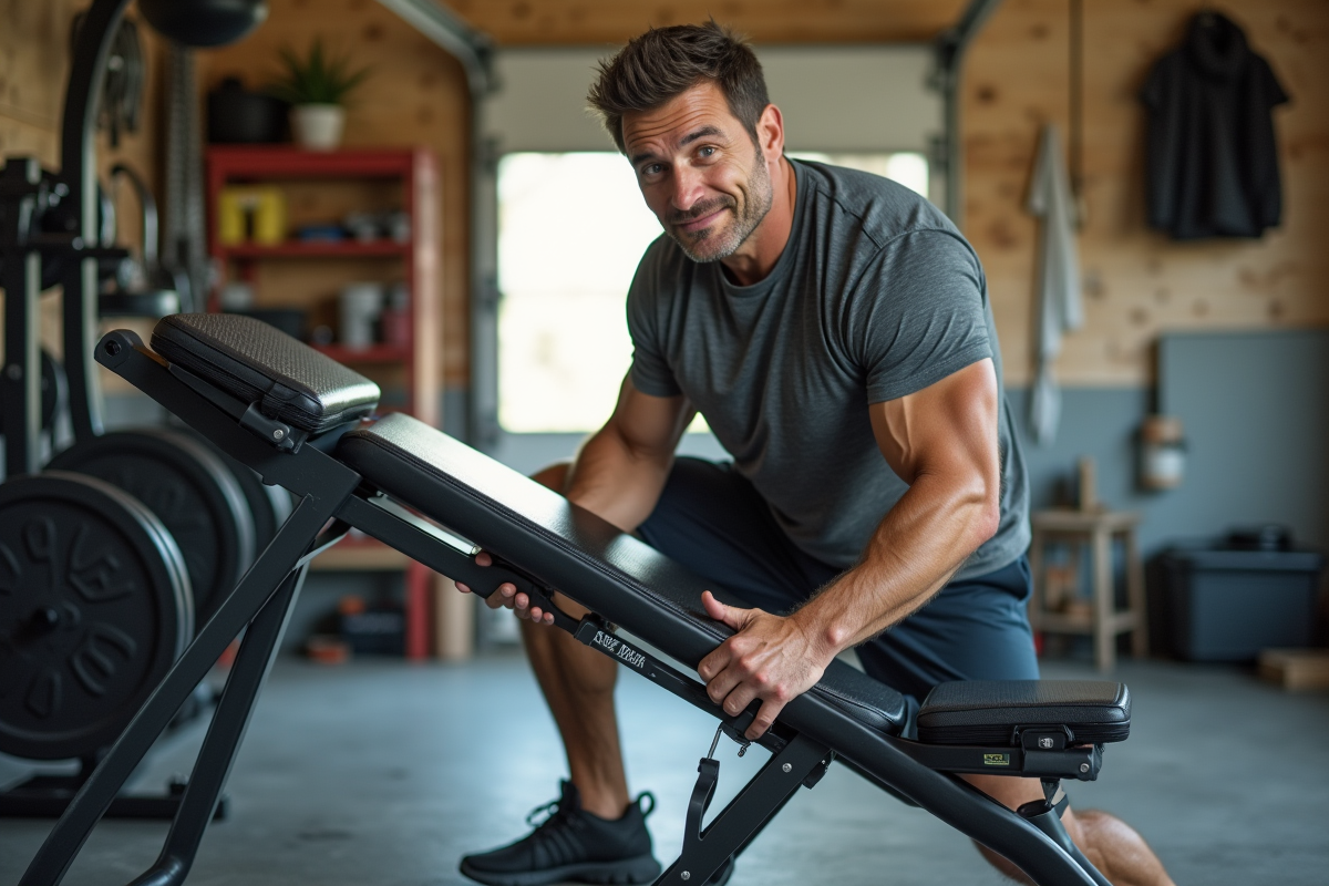 Homme musclé assemblant un banc de musculation dans un garage