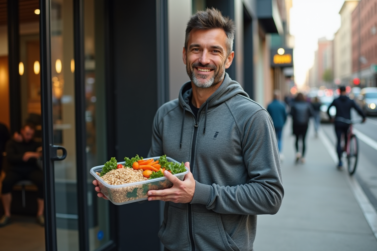 Homme athlète avec repas dans un environnement urbain sportif