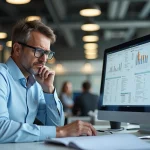 Homme d'affaires en bureau regardant un écran d'ordinateur