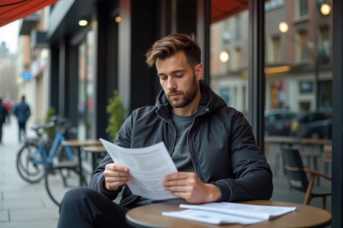 Homme en tenue décontractée lisant un flyer devant un gymnase urbain
