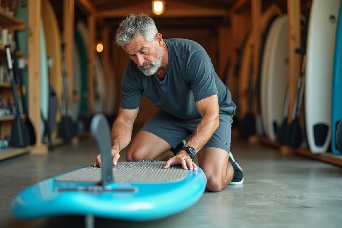 Homme examinant un stand up paddle rigide en époxy dans un magasin de sports nautiques