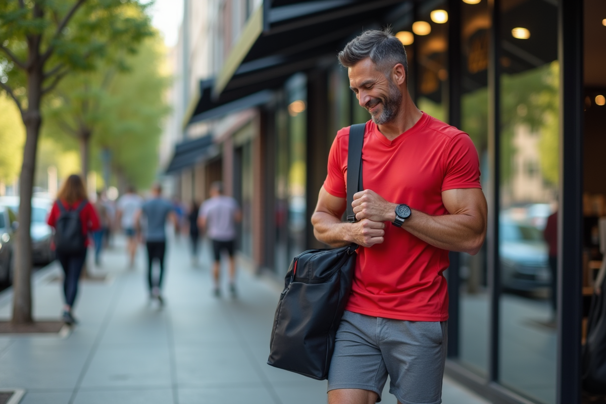 Homme d age moyen vérifiant son montre devant un centre de fitness