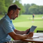 Homme d'âge moyen étudie un blog golf sur tablette en extérieur