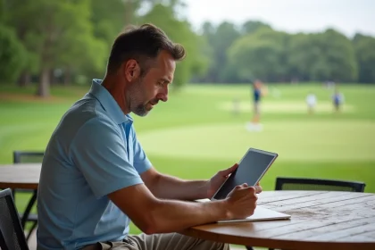Homme d'âge moyen étudie un blog golf sur tablette en extérieur