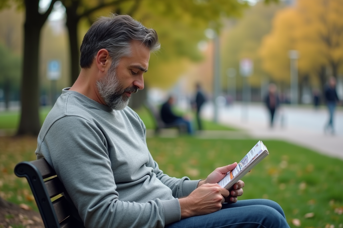 Homme lisant une brochure sur les soins capillaires en plein air
