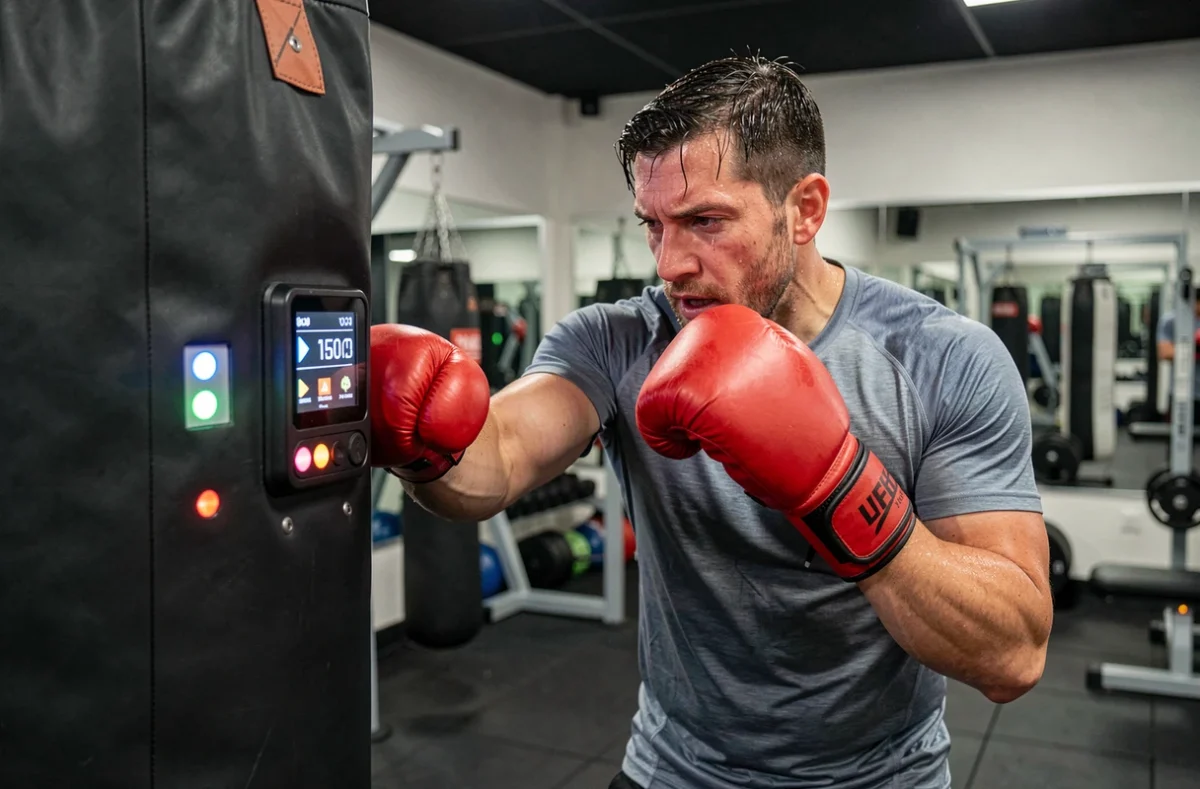 Homme utilisant une machine de boxe connectée avec écran numérique dans une salle de fitness moderne pour s'entraîner et maigrir