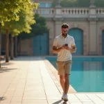 Homme décontracté vérifiant son téléphone devant la piscine