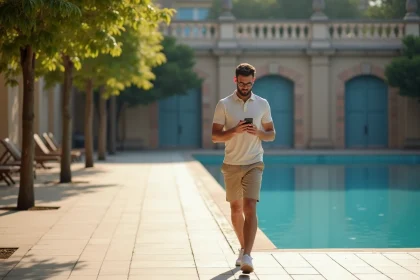 Homme décontracté vérifiant son téléphone devant la piscine