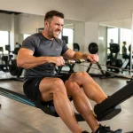 Homme athlétique s'entraînant sur un rameur en salle de sport, illustrant les muscles sollicités lors de l'exercice de rameur