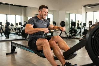 Homme athlétique s'entraînant sur un rameur en salle de sport, illustrant les muscles sollicités lors de l'exercice de rameur