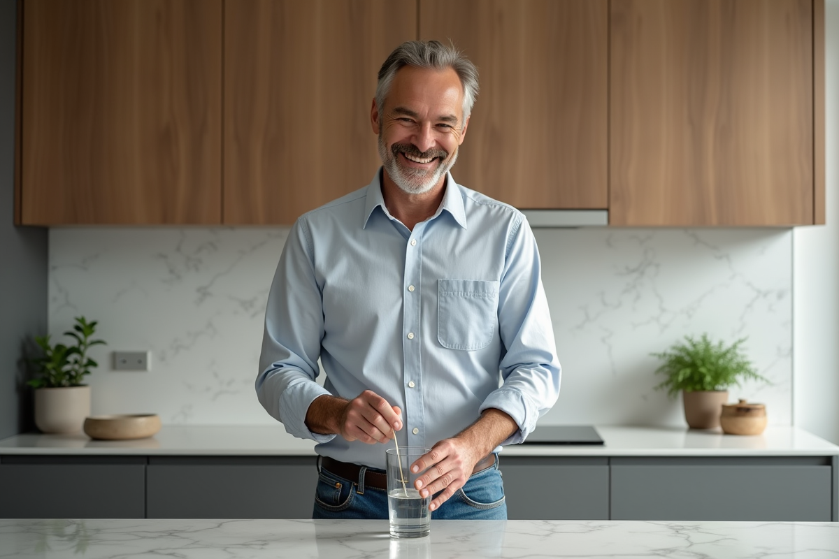 Homme remplissant une bouteille d