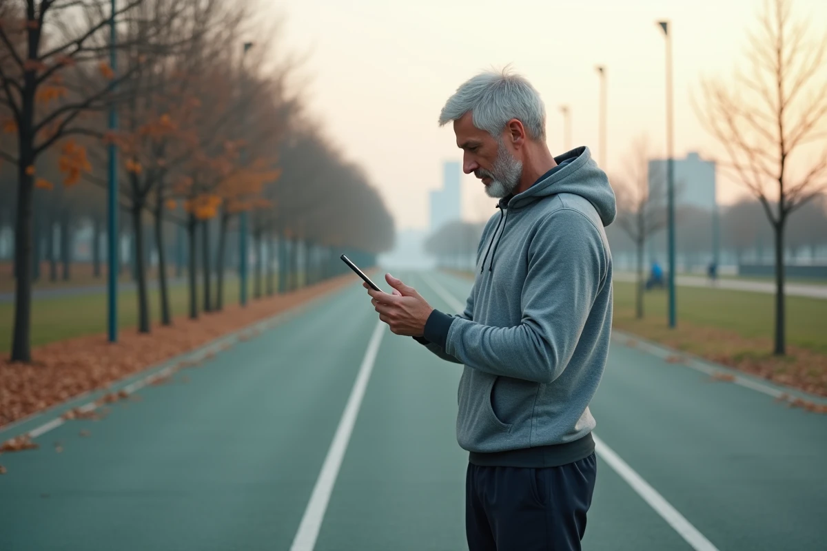 Homme en tenue de running consultant une application sportive sur piste urbaine au petit matin