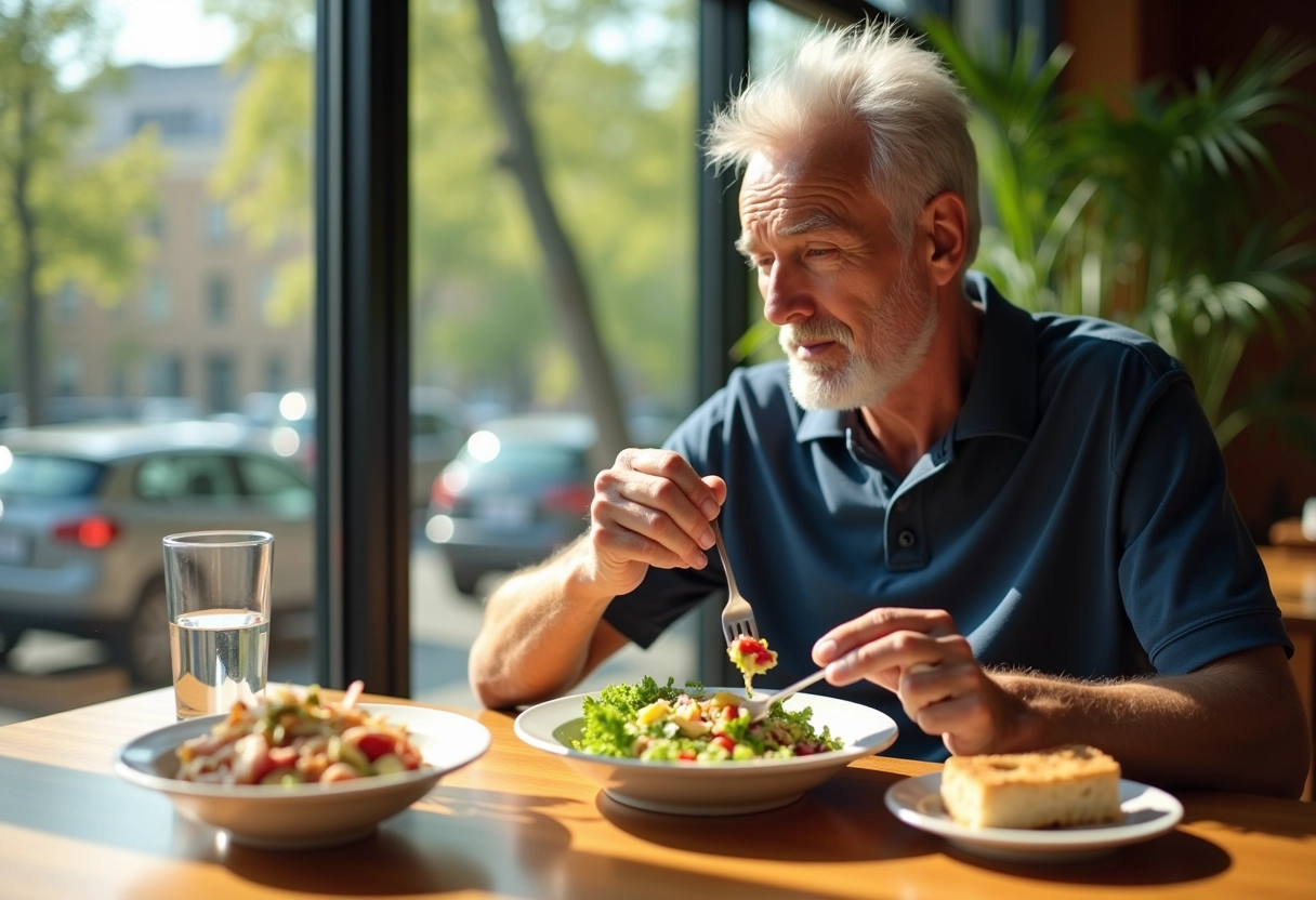 Homme âgé dégustant une salade dans une salle lumineuse