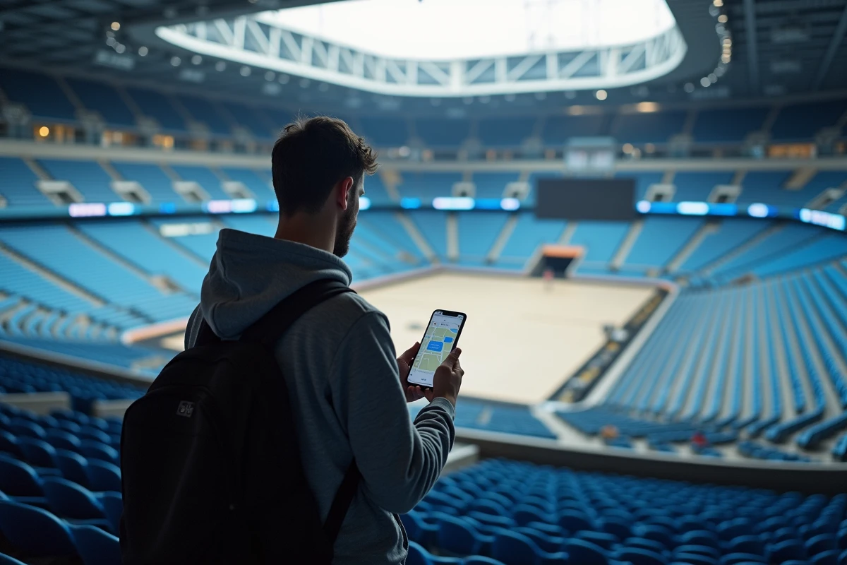 Homme vérifiant le plan de placement sur son téléphone dans les gradins de la Bercy Arena
